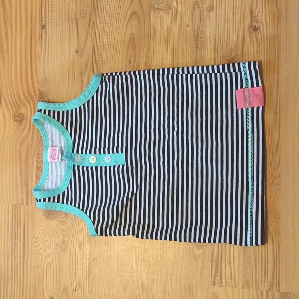 ricrac and ruffles striped black white and teal tank top